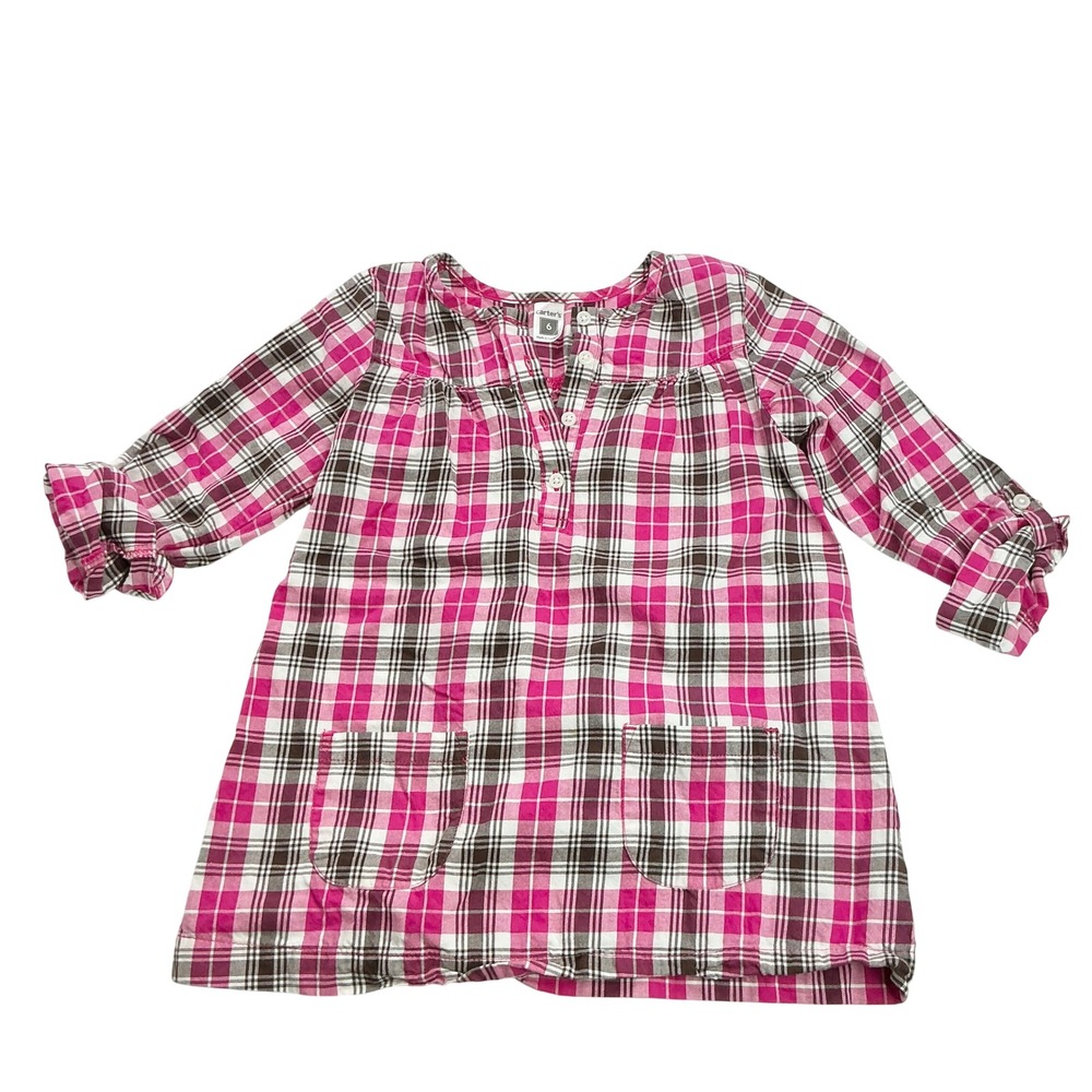 Carter's Pink Plaid Tunic Top Kids Size 6 Roll-Tab Sleeve Cotton Henley